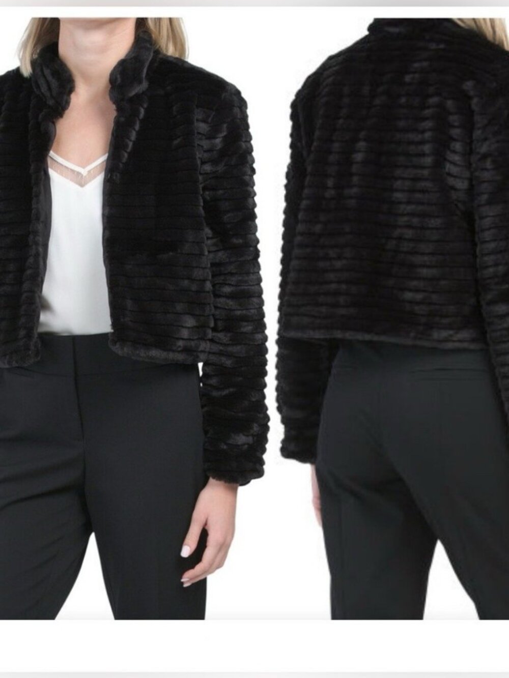 Betsey Johnson Black Faux Mini Fur Chubby Crop Jacket Size L